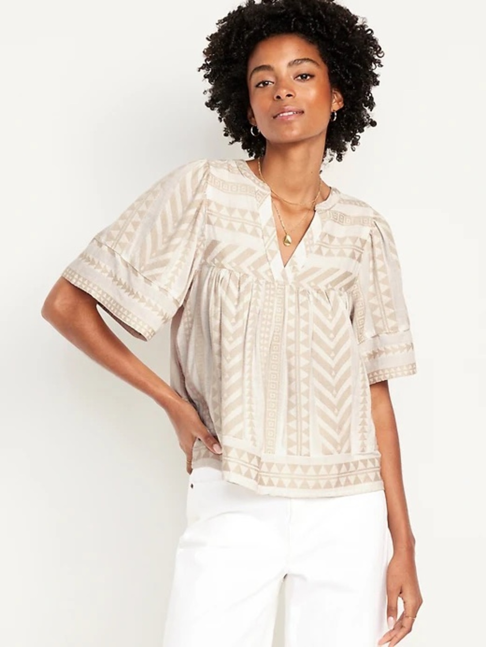 Old Navy Boho Aztec Flutter Short Sleeve Split Neck Textured Casual Top